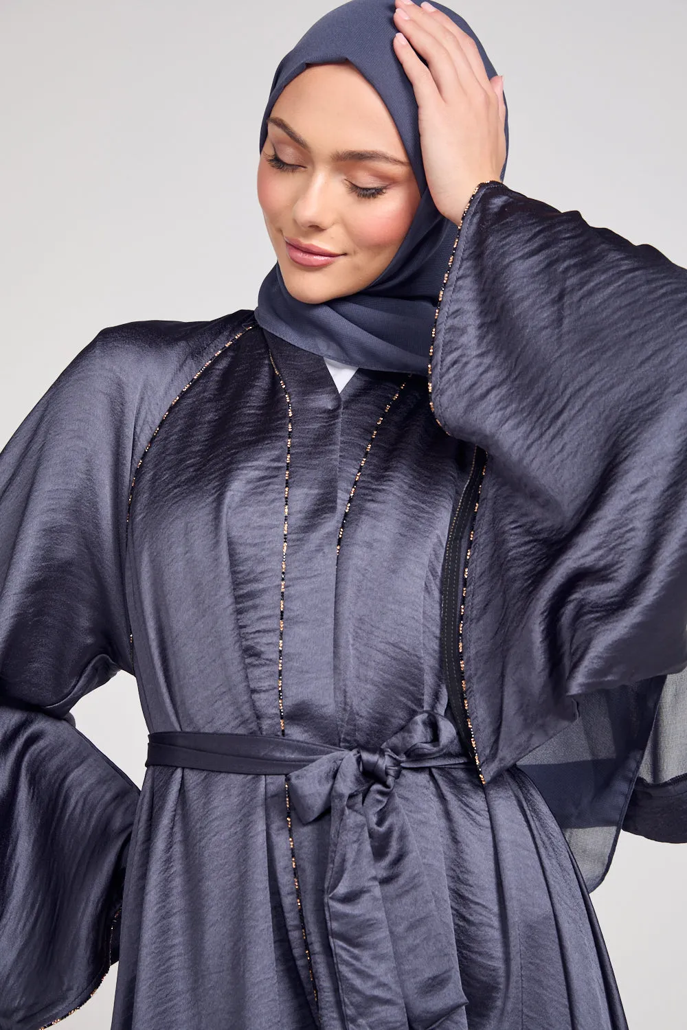 Soft Sheen Umbrella Cut Open Abaya with Flared Sleeves - Smoked Pearl