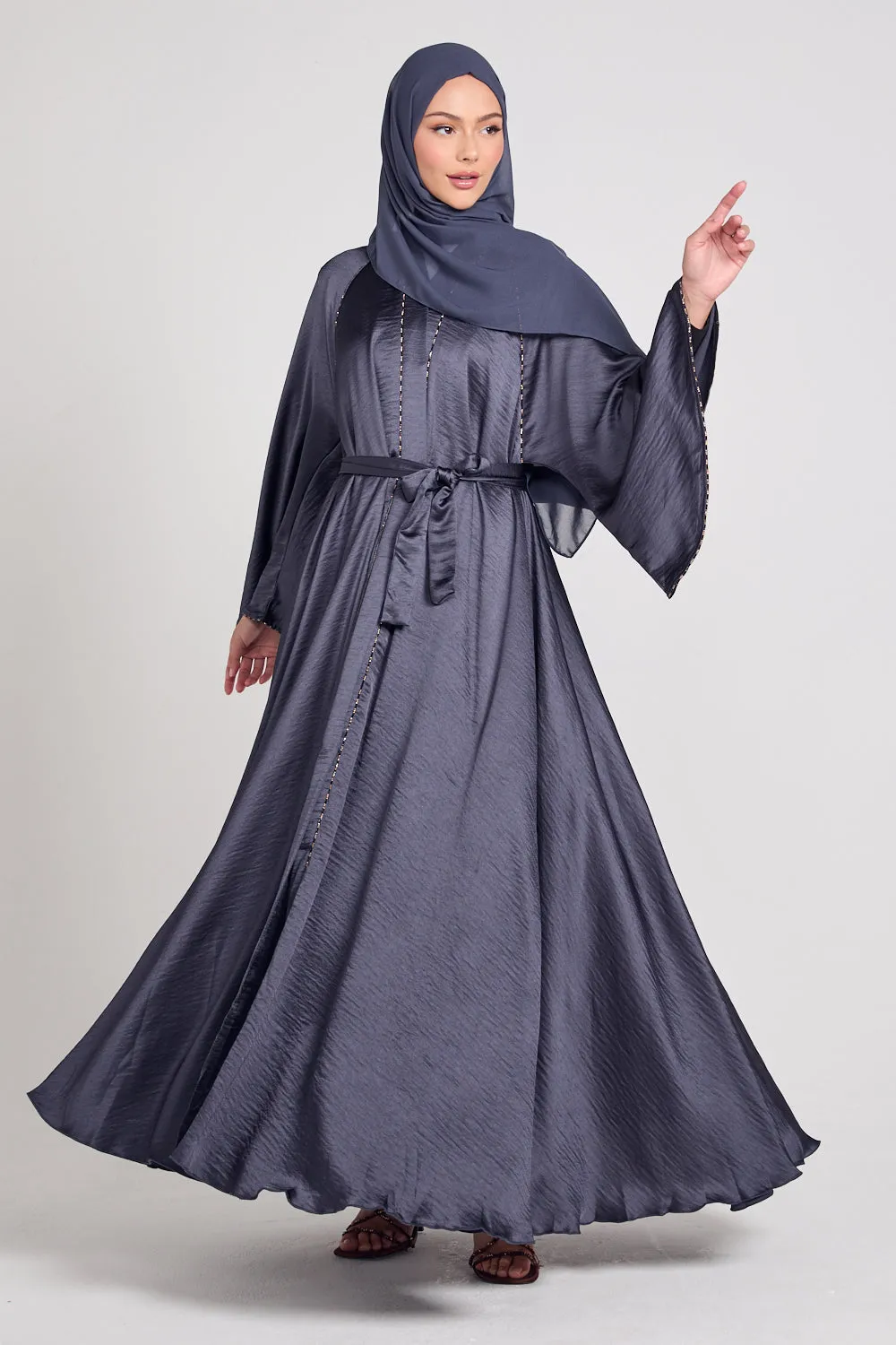 Soft Sheen Umbrella Cut Open Abaya with Flared Sleeves - Smoked Pearl