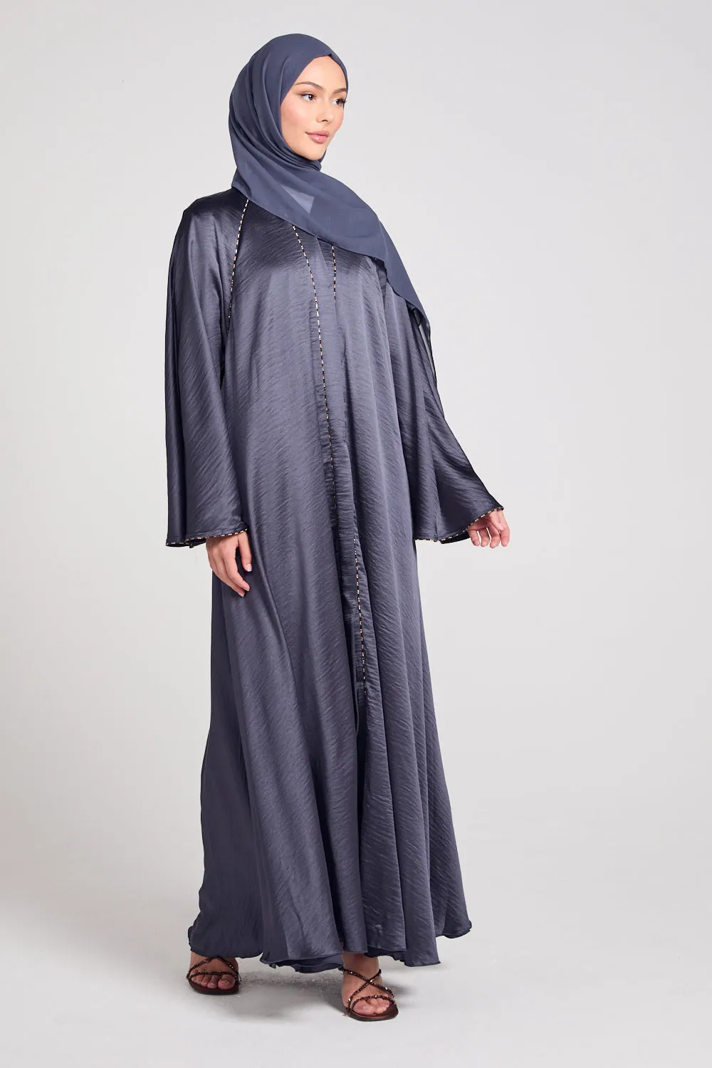 Soft Sheen Umbrella Cut Open Abaya with Flared Sleeves - Smoked Pearl