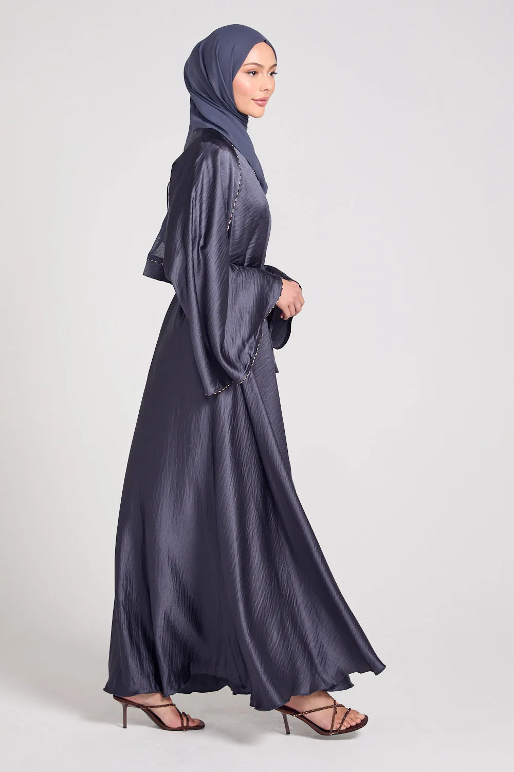 Soft Sheen Umbrella Cut Open Abaya with Flared Sleeves - Smoked Pearl