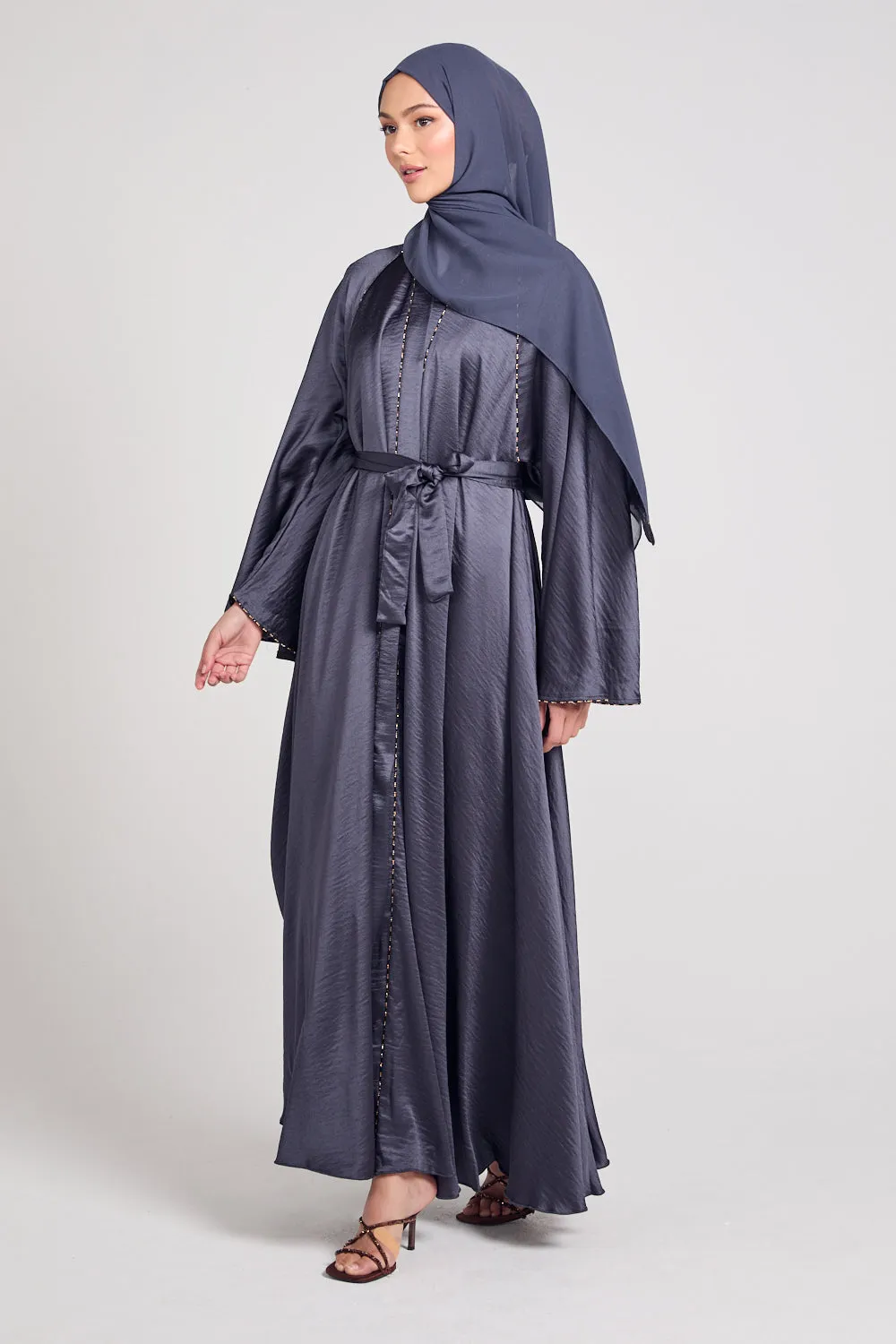 Soft Sheen Umbrella Cut Open Abaya with Flared Sleeves - Smoked Pearl