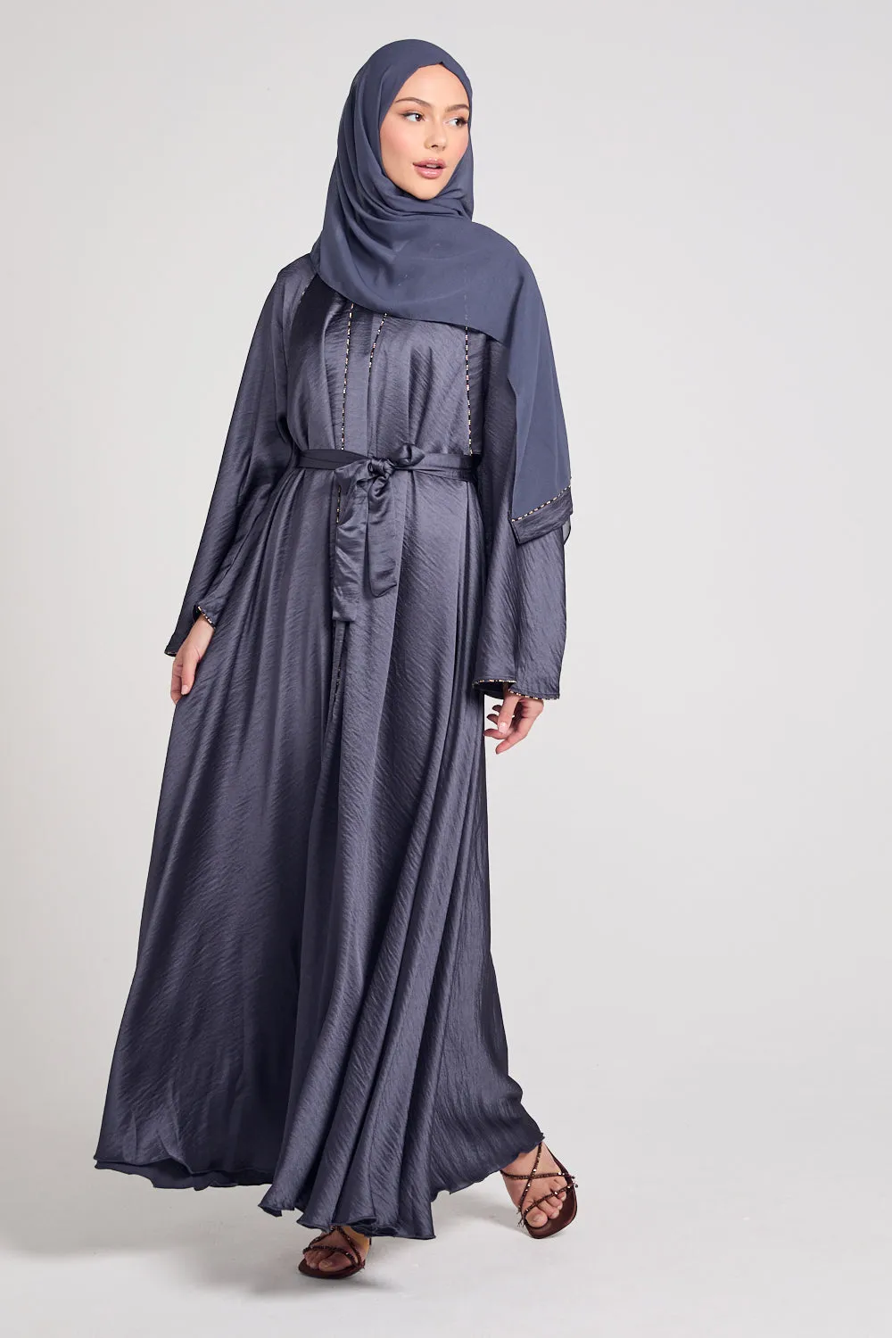 Soft Sheen Umbrella Cut Open Abaya with Flared Sleeves - Smoked Pearl