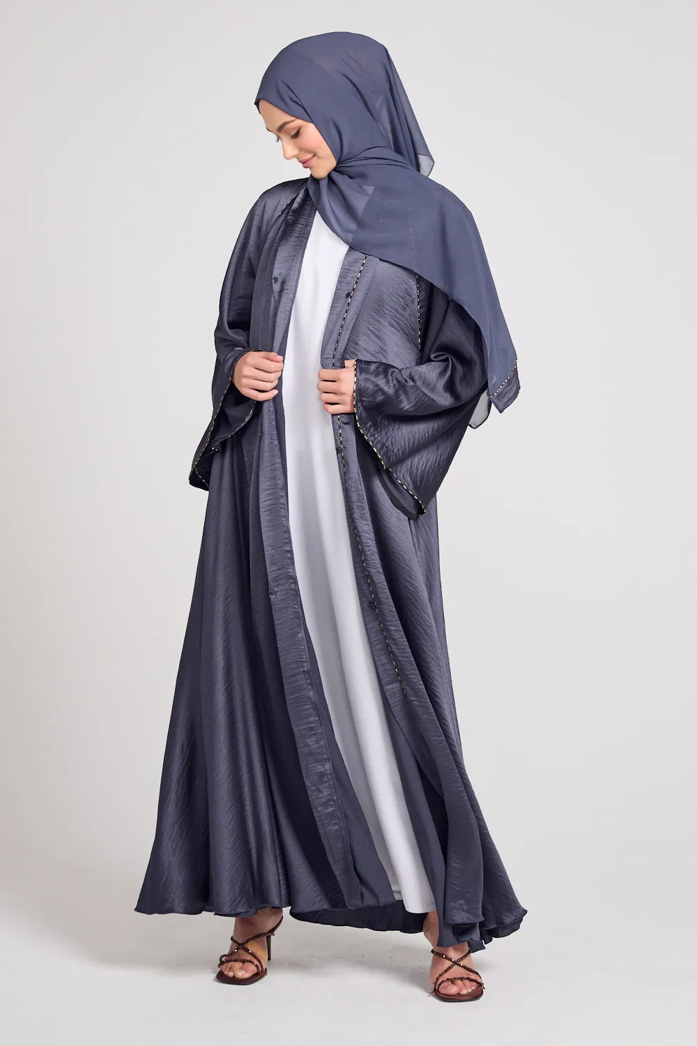 Soft Sheen Umbrella Cut Open Abaya with Flared Sleeves - Smoked Pearl