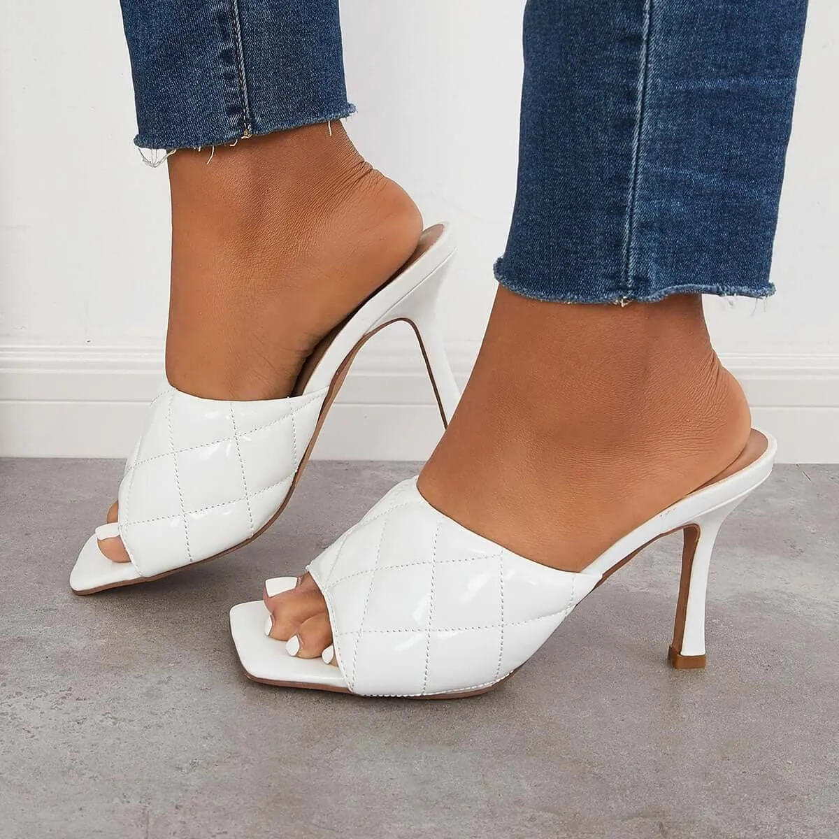 Sohiwoo Women Square Toe Stilettos High Heels Slip on Mule Sandals