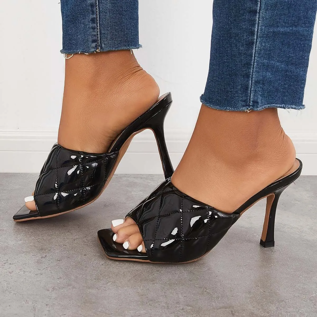 Sohiwoo Women Square Toe Stilettos High Heels Slip on Mule Sandals