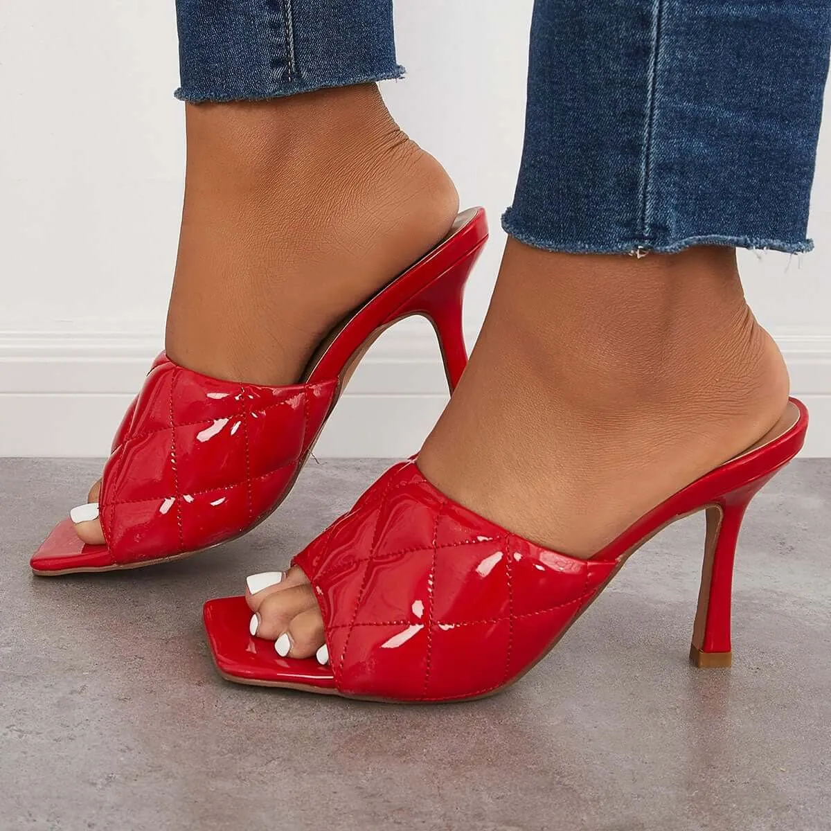 Sohiwoo Women Square Toe Stilettos High Heels Slip on Mule Sandals
