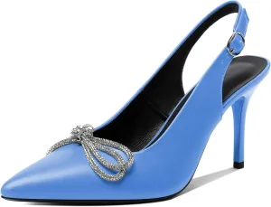 Soireelady Women's Slingback High Heels Rhinestones Bow Closed pointed Toe Ankle Strap Slim Thin Heel Pumps for Wedding Evening Party Dress Shoes 3.5 Inches