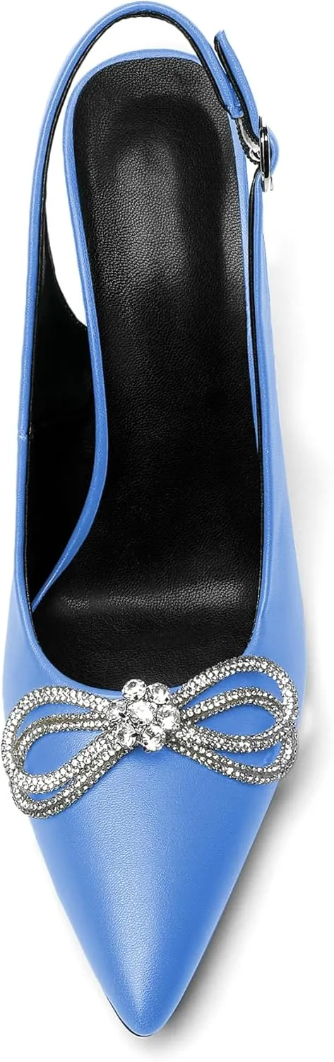 Soireelady Women's Slingback High Heels Rhinestones Bow Closed pointed Toe Ankle Strap Slim Thin Heel Pumps for Wedding Evening Party Dress Shoes 3.5 Inches