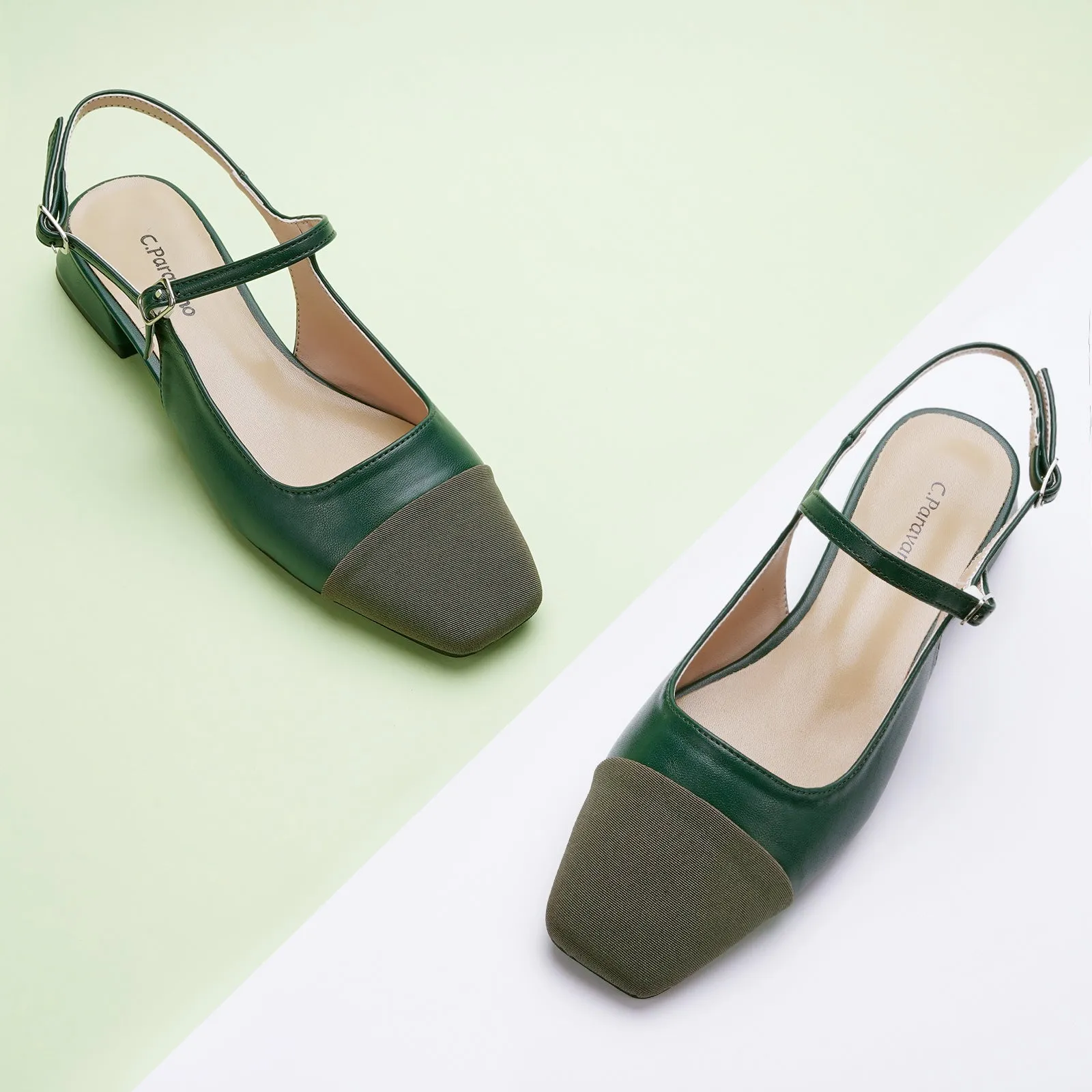Square-Toe Slingback Flats (Felicia) Dark Green