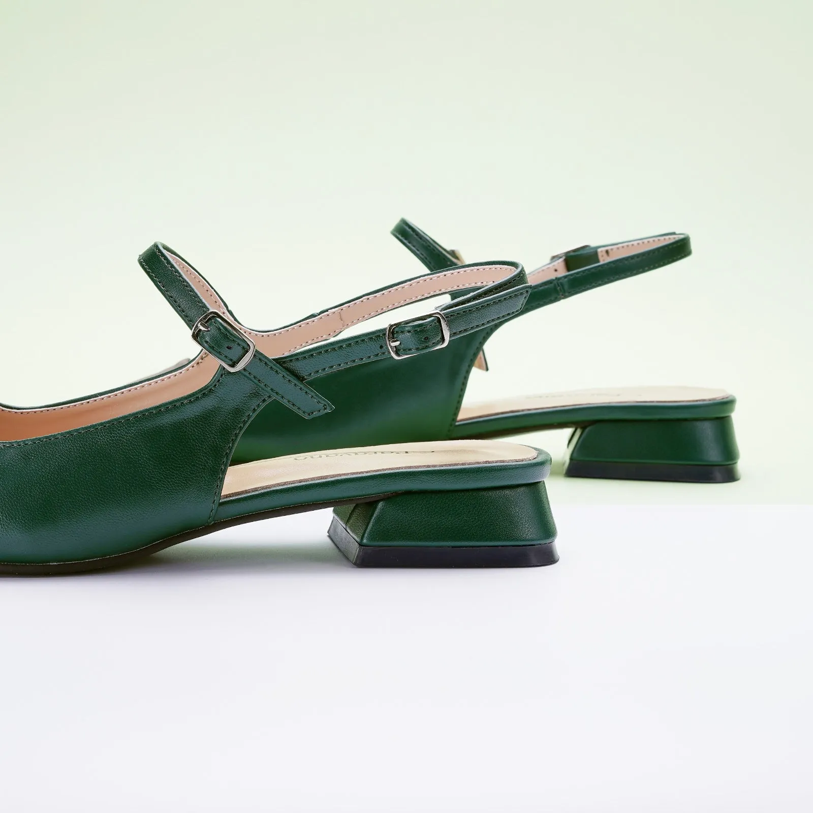 Square-Toe Slingback Flats (Felicia) Dark Green