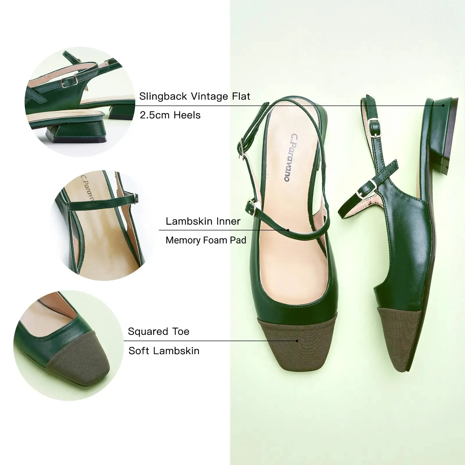 Square-Toe Slingback Flats (Felicia) Dark Green
