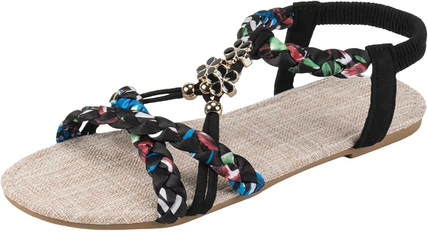 Summer Sandals for Women Boho Beach Vacation Flip Flops Casual Bohemian Sandals Open Toe Jeweled Flat Sandal Vintage Elegant Shoes Comfortable Thong Flats with Ankle Strap
