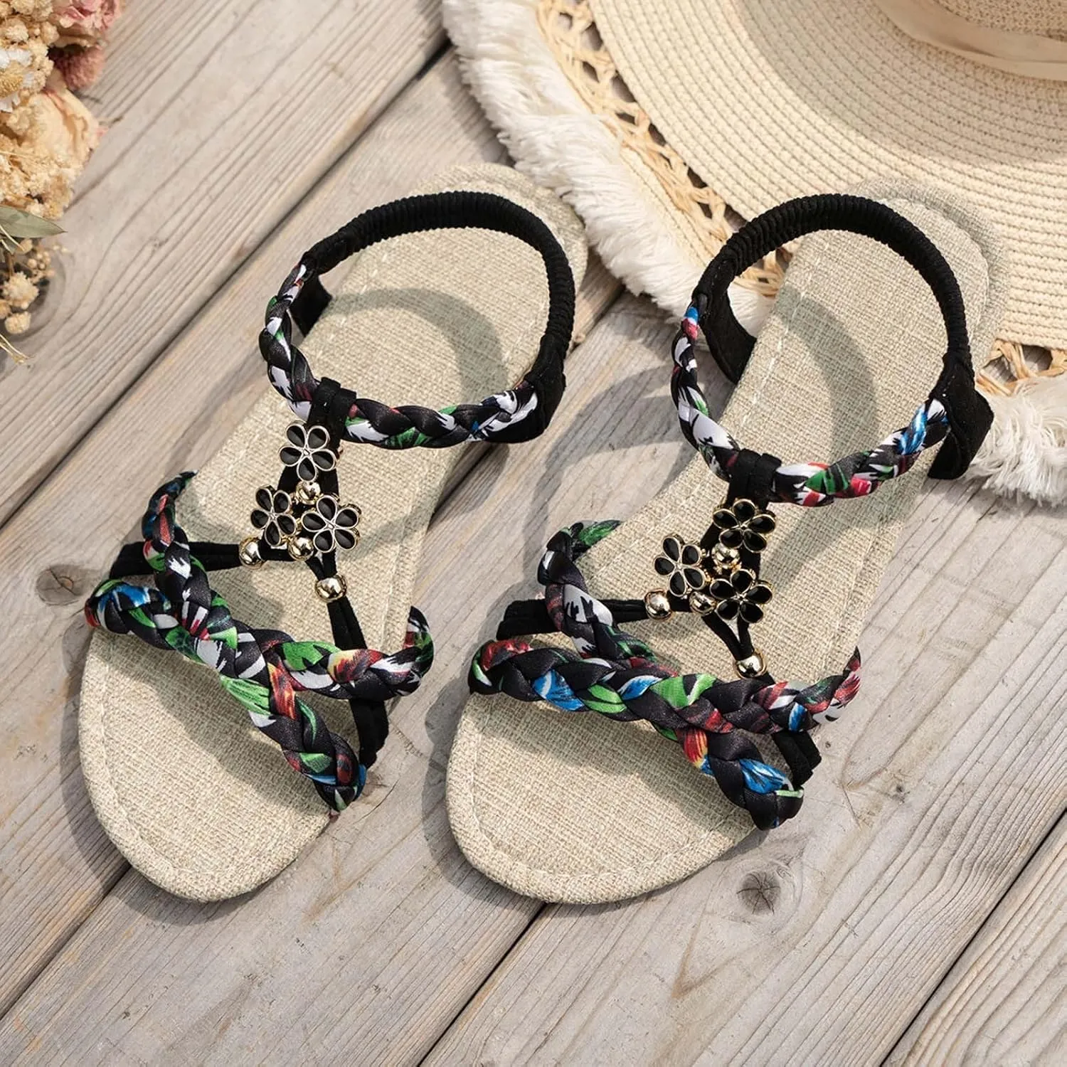 Summer Sandals for Women Boho Beach Vacation Flip Flops Casual Bohemian Sandals Open Toe Jeweled Flat Sandal Vintage Elegant Shoes Comfortable Thong Flats with Ankle Strap