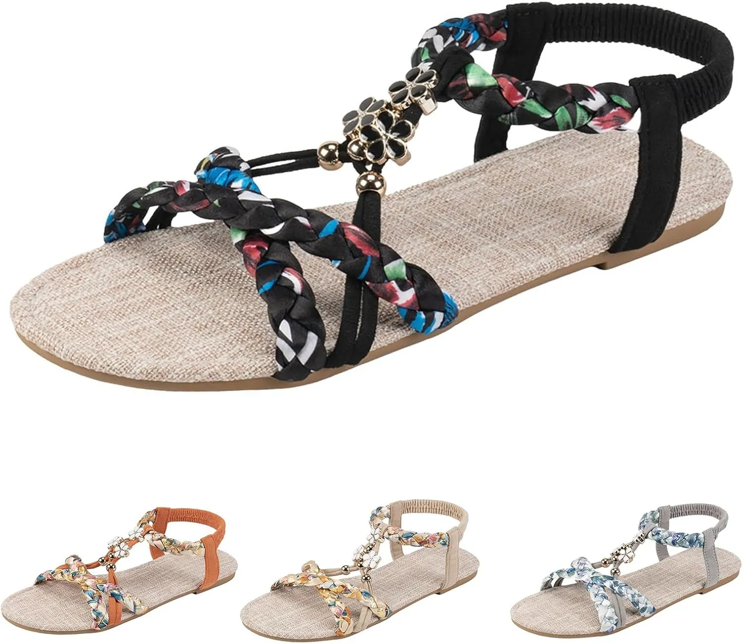 Summer Sandals for Women Boho Beach Vacation Flip Flops Casual Bohemian Sandals Open Toe Jeweled Flat Sandal Vintage Elegant Shoes Comfortable Thong Flats with Ankle Strap