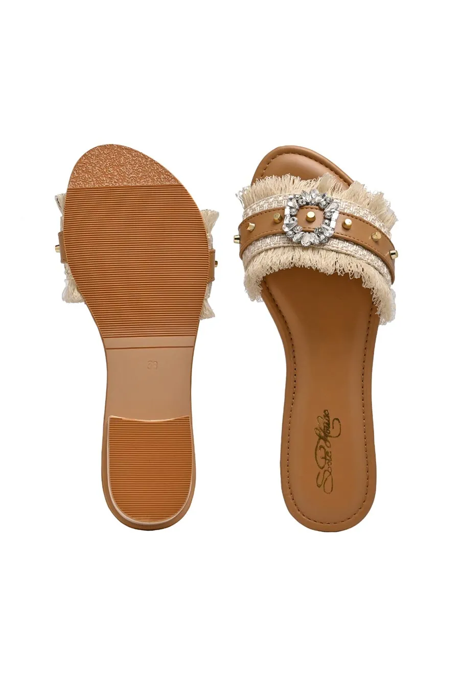 Tan Crystal Brooch Fringe Flats