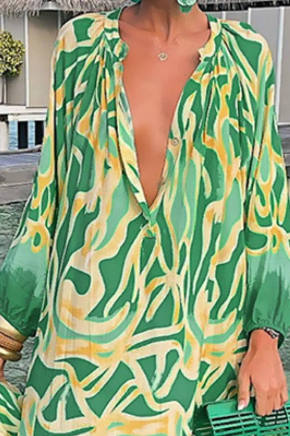 Vacation At Its Finest Green Balloon Sleeve Dress