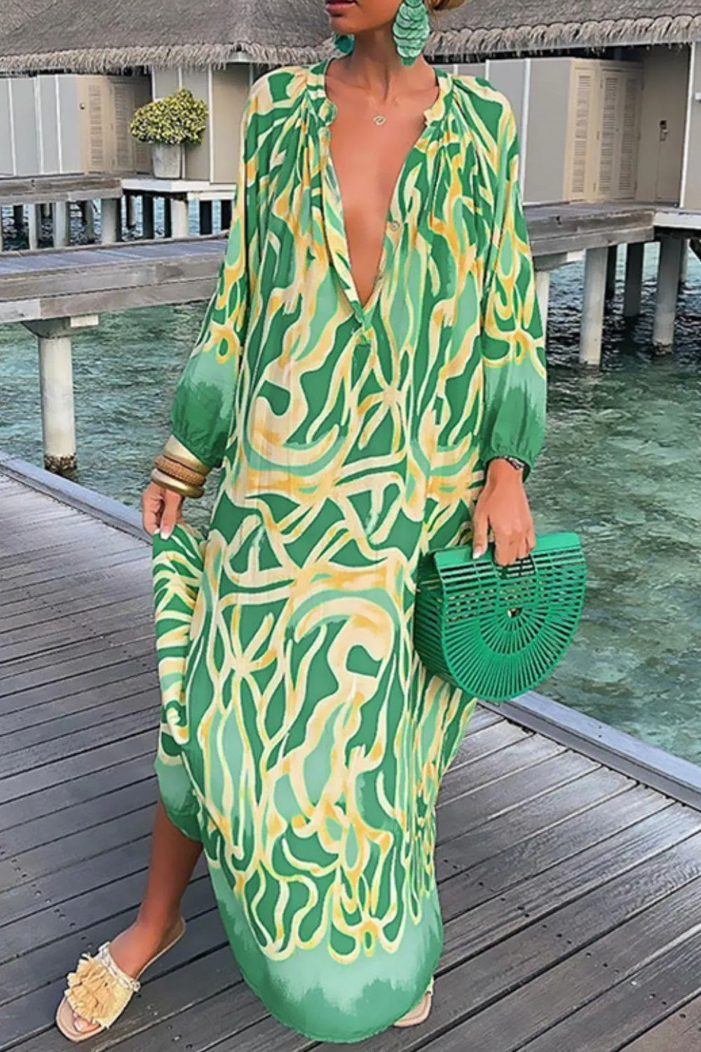 Vacation At Its Finest Green Balloon Sleeve Dress