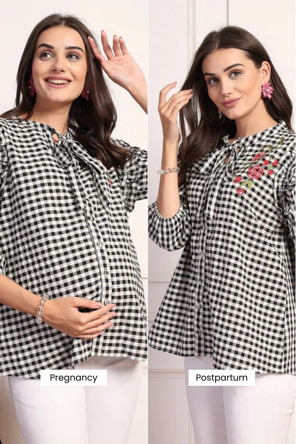 Vintage Charm Black and White Checkered Zipless Feeding Maternity Top