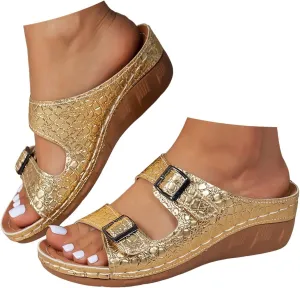 Wedge Sandals for Women 2 Adjustable Buckle Wedges Gold Orthopedic Sandal Sandales Pour Femmes Chic Comfortable