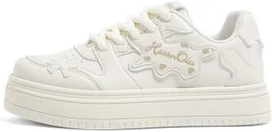 White Floral Chunky Sneakers for Women & Girls - Y2K Kawaii Marshmallow Cute Shoes, Comfy Casual Orthopedic Thick Sole Streetwear for Hiking, Back to School, Beach Travel, All-Match Minimalist