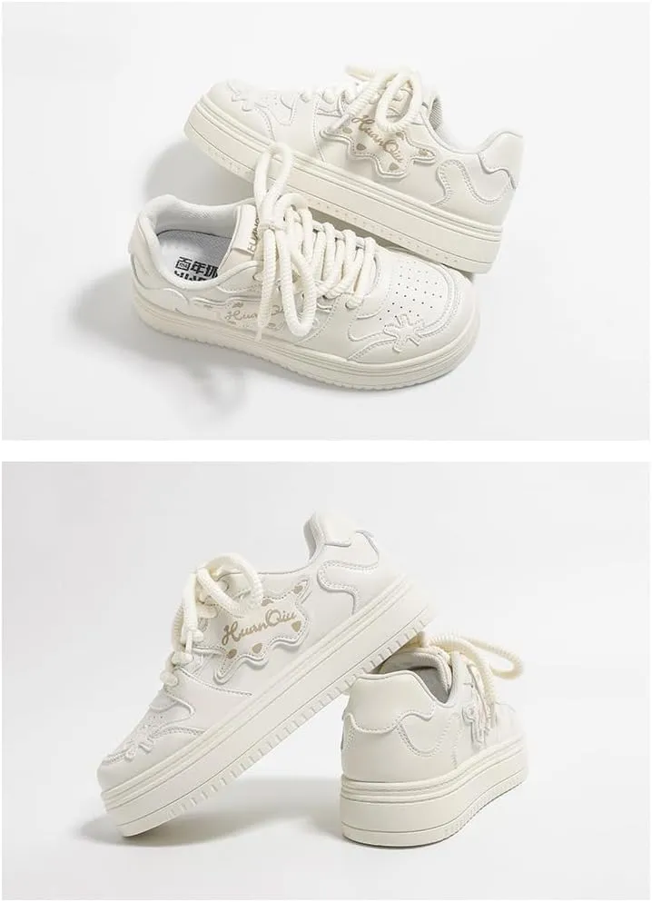 White Floral Chunky Sneakers for Women & Girls - Y2K Kawaii Marshmallow Cute Shoes, Comfy Casual Orthopedic Thick Sole Streetwear for Hiking, Back to School, Beach Travel, All-Match Minimalist