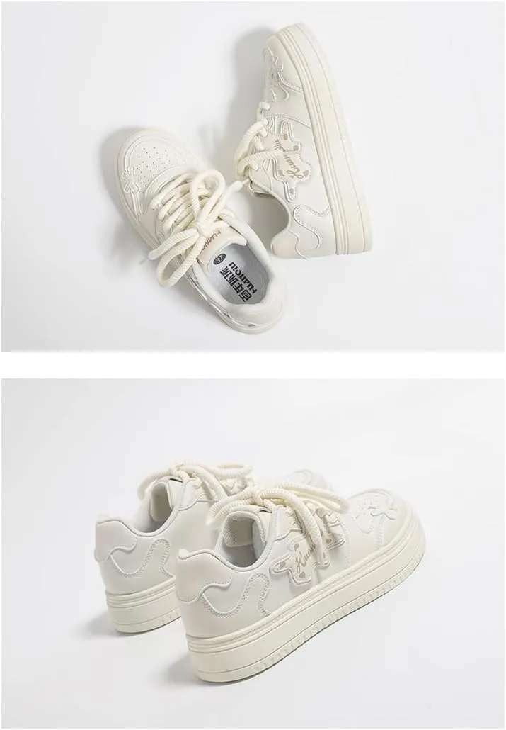 White Floral Chunky Sneakers for Women & Girls - Y2K Kawaii Marshmallow Cute Shoes, Comfy Casual Orthopedic Thick Sole Streetwear for Hiking, Back to School, Beach Travel, All-Match Minimalist