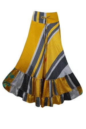 Woman's Skirt Yellow Dot Print Maxi Skirt Patchwork Boho Skirt Dress M/L
