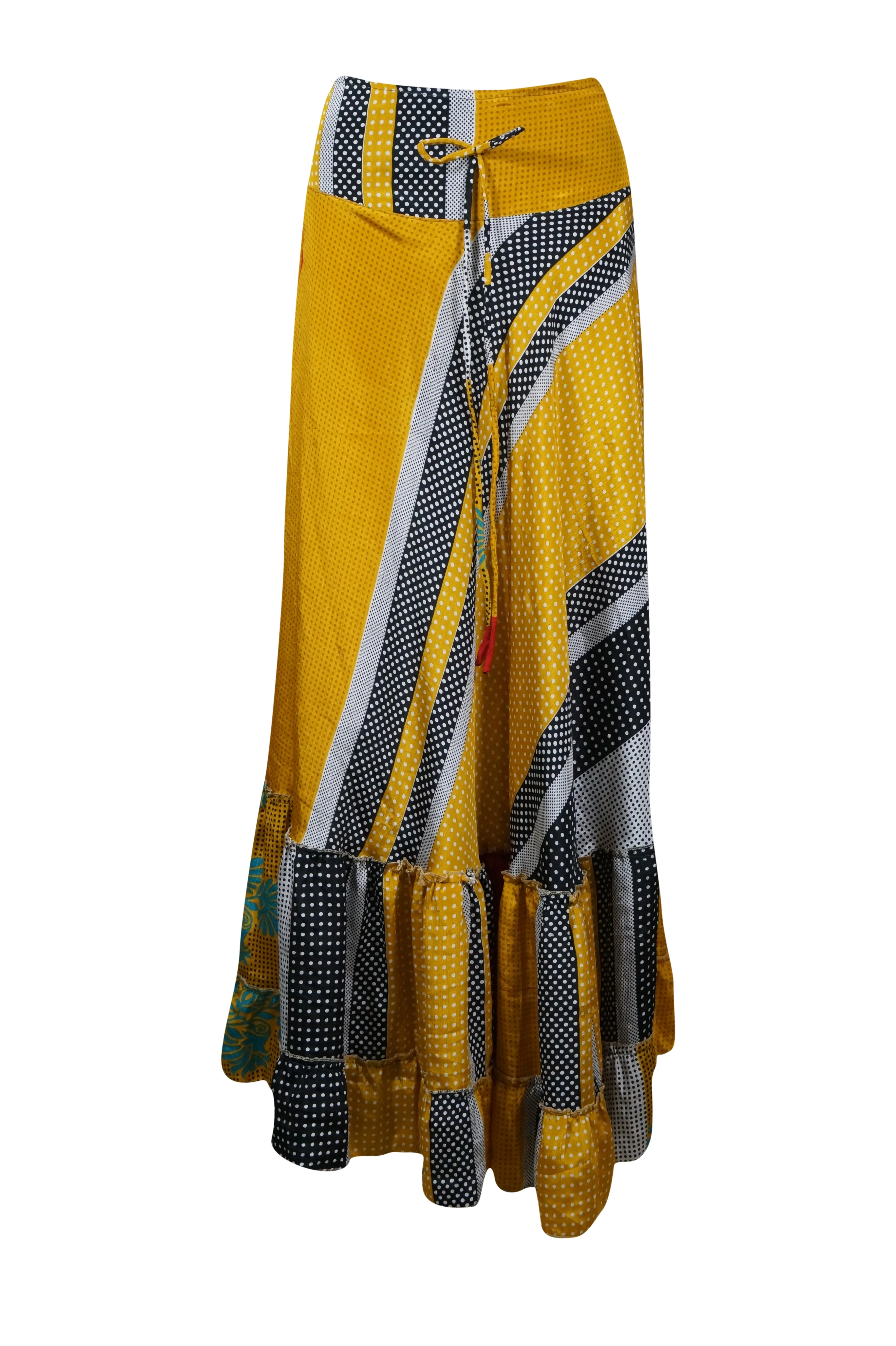 Woman's Skirt Yellow Dot Print Maxi Skirt Patchwork Boho Skirt Dress M/L