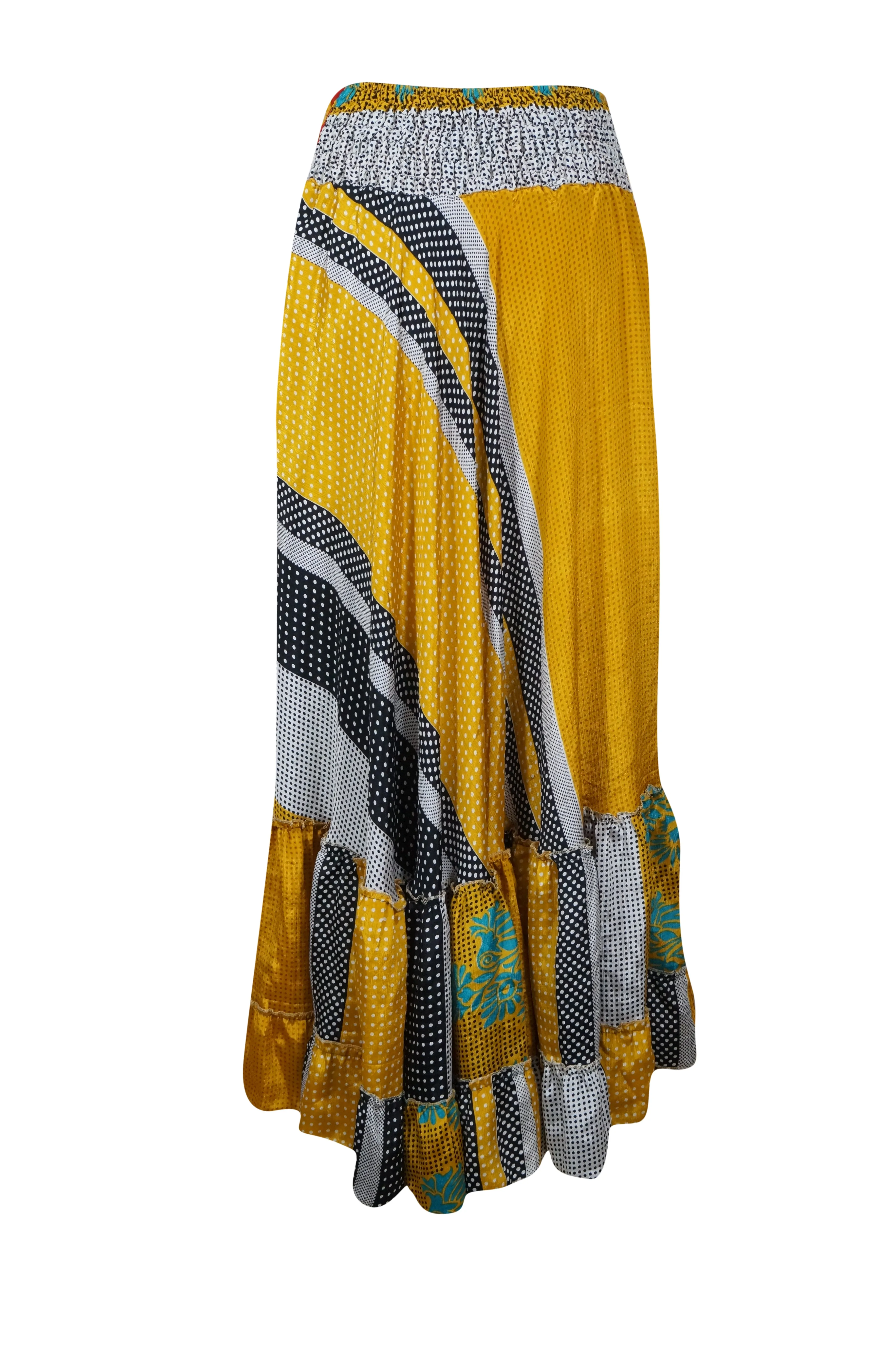 Woman's Skirt Yellow Dot Print Maxi Skirt Patchwork Boho Skirt Dress M/L