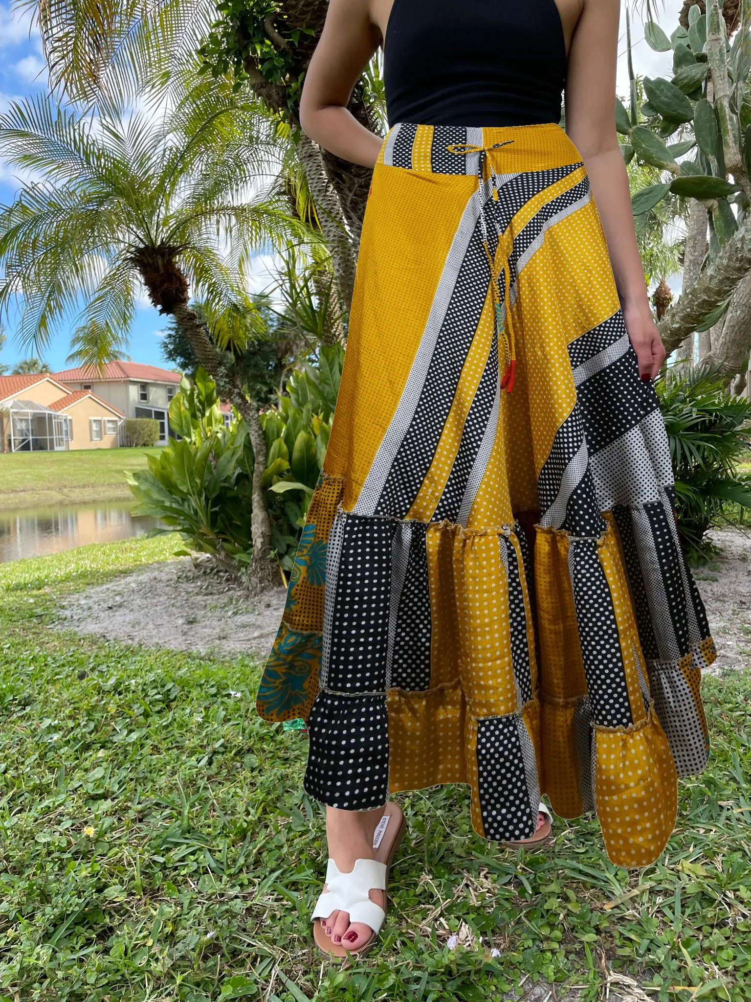 Woman's Skirt Yellow Dot Print Maxi Skirt Patchwork Boho Skirt Dress M/L