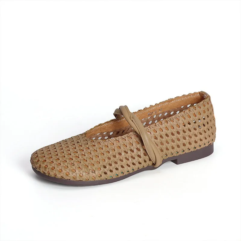 Women Retro Hollow Plaited Cowhide Soft Flats