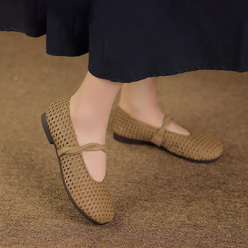 Women Retro Hollow Plaited Cowhide Soft Flats