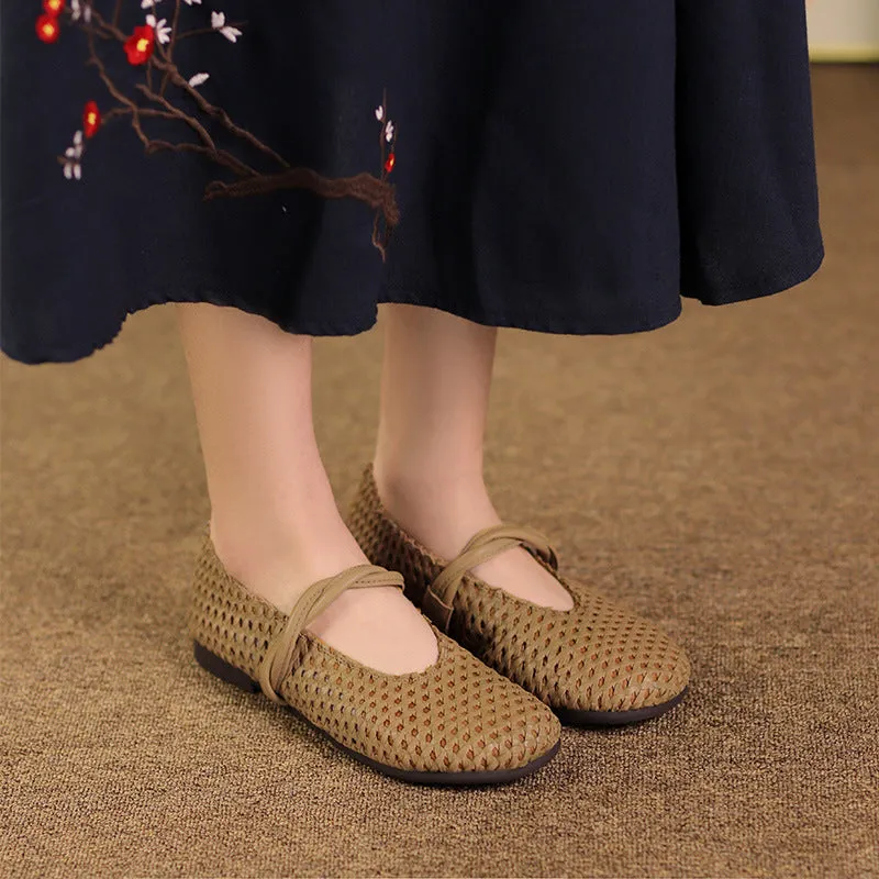 Women Retro Hollow Plaited Cowhide Soft Flats