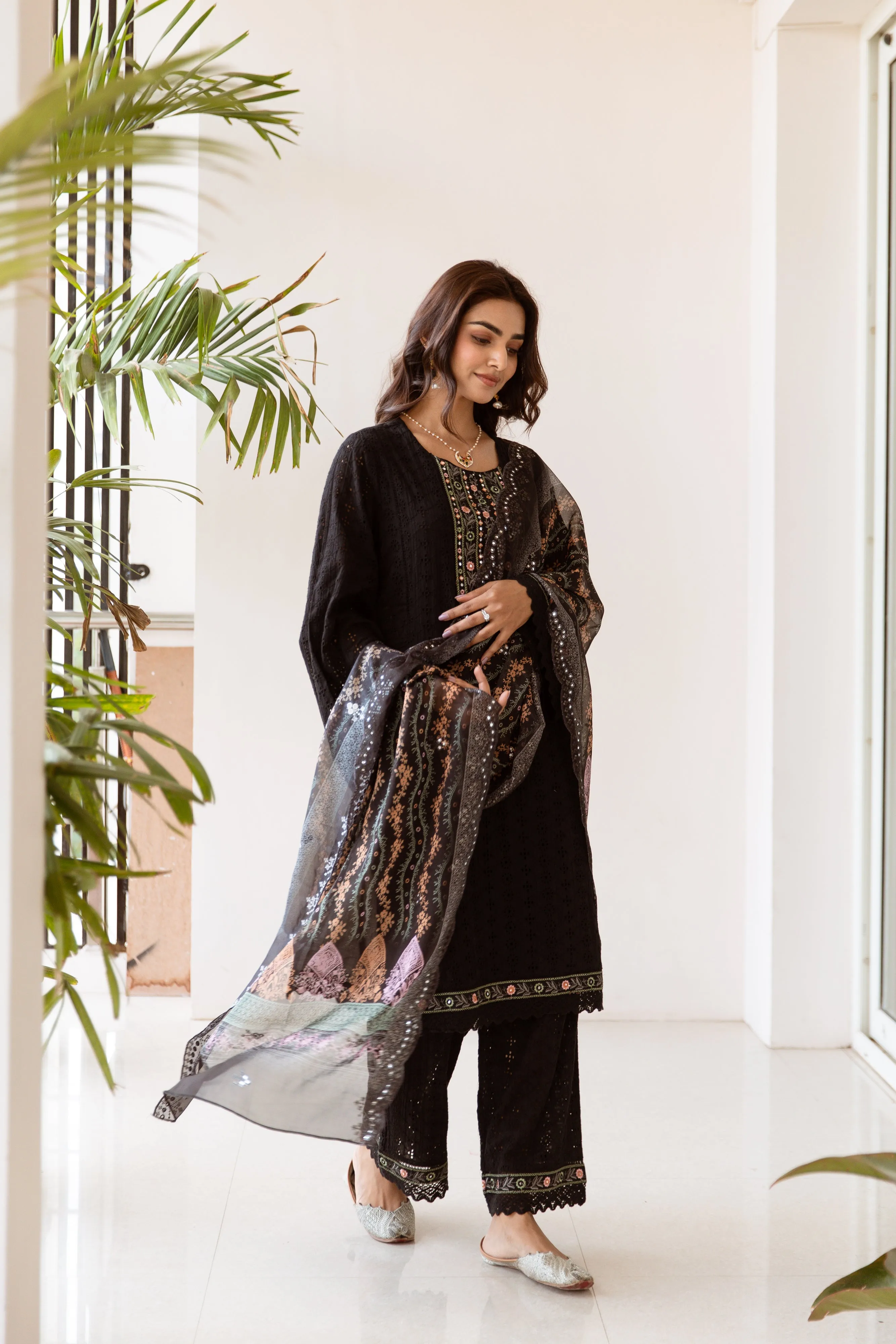 Women's Black Cotton Kurta, Palazzo & Dupatta Set