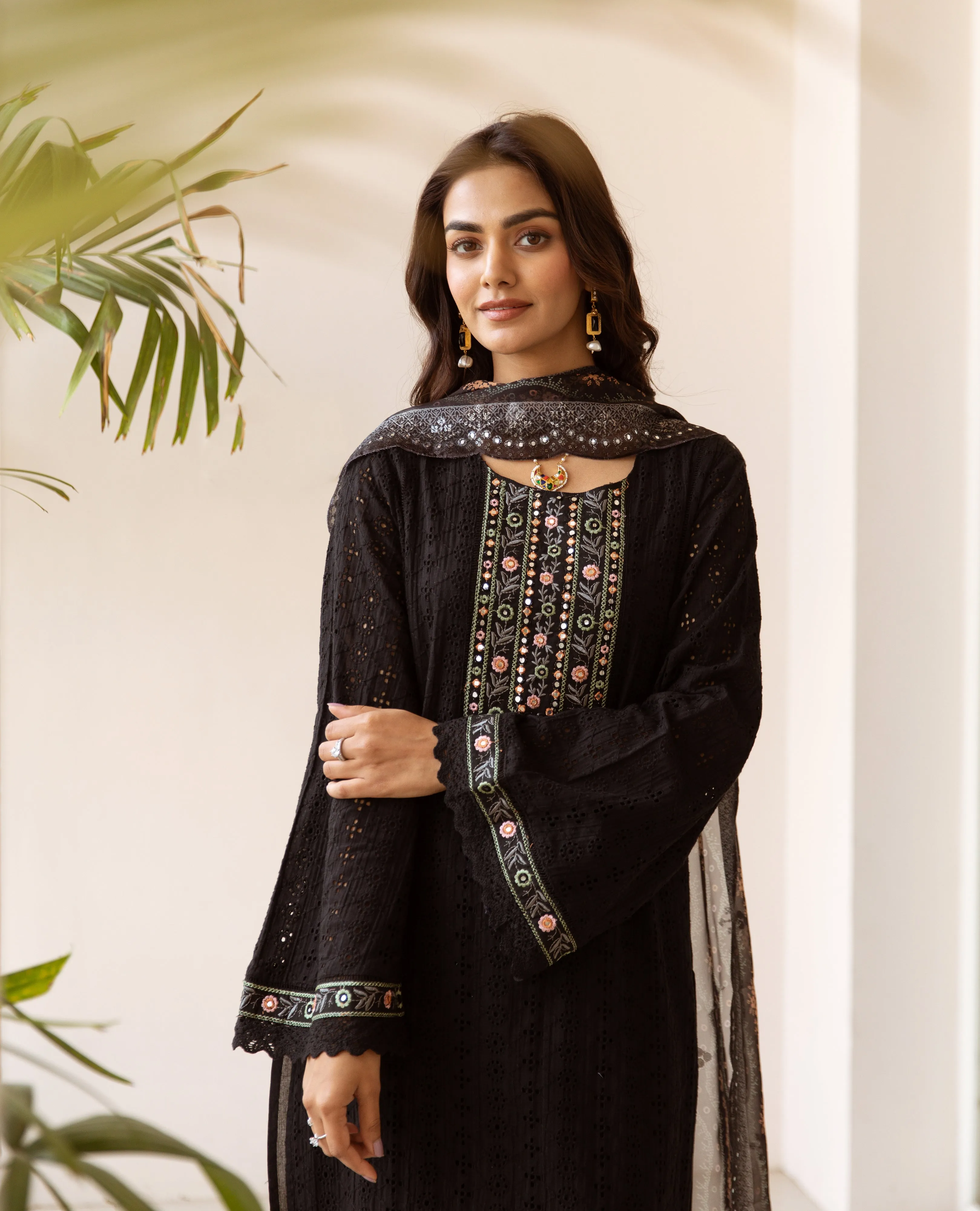 Women's Black Cotton Kurta, Palazzo & Dupatta Set