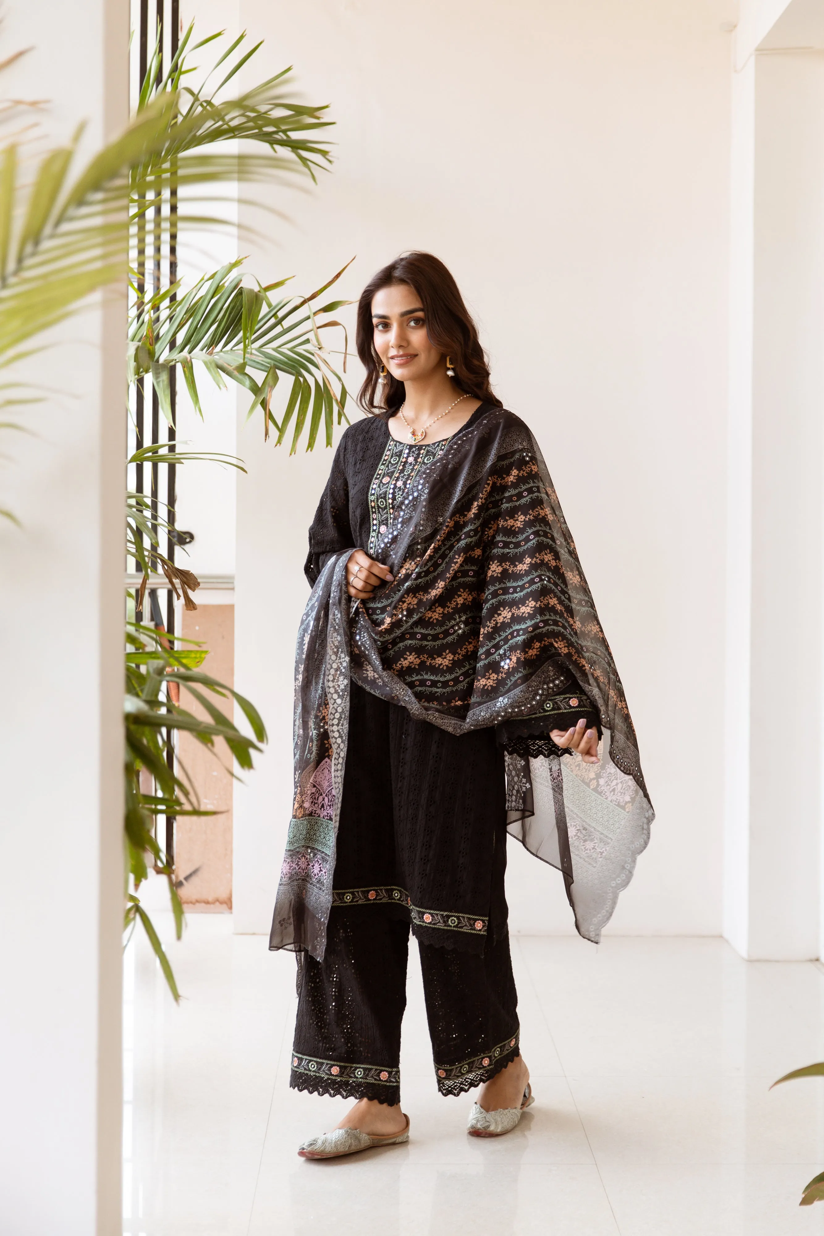 Women's Black Cotton Kurta, Palazzo & Dupatta Set