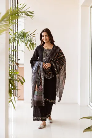 Women's Black Cotton Kurta, Palazzo & Dupatta Set