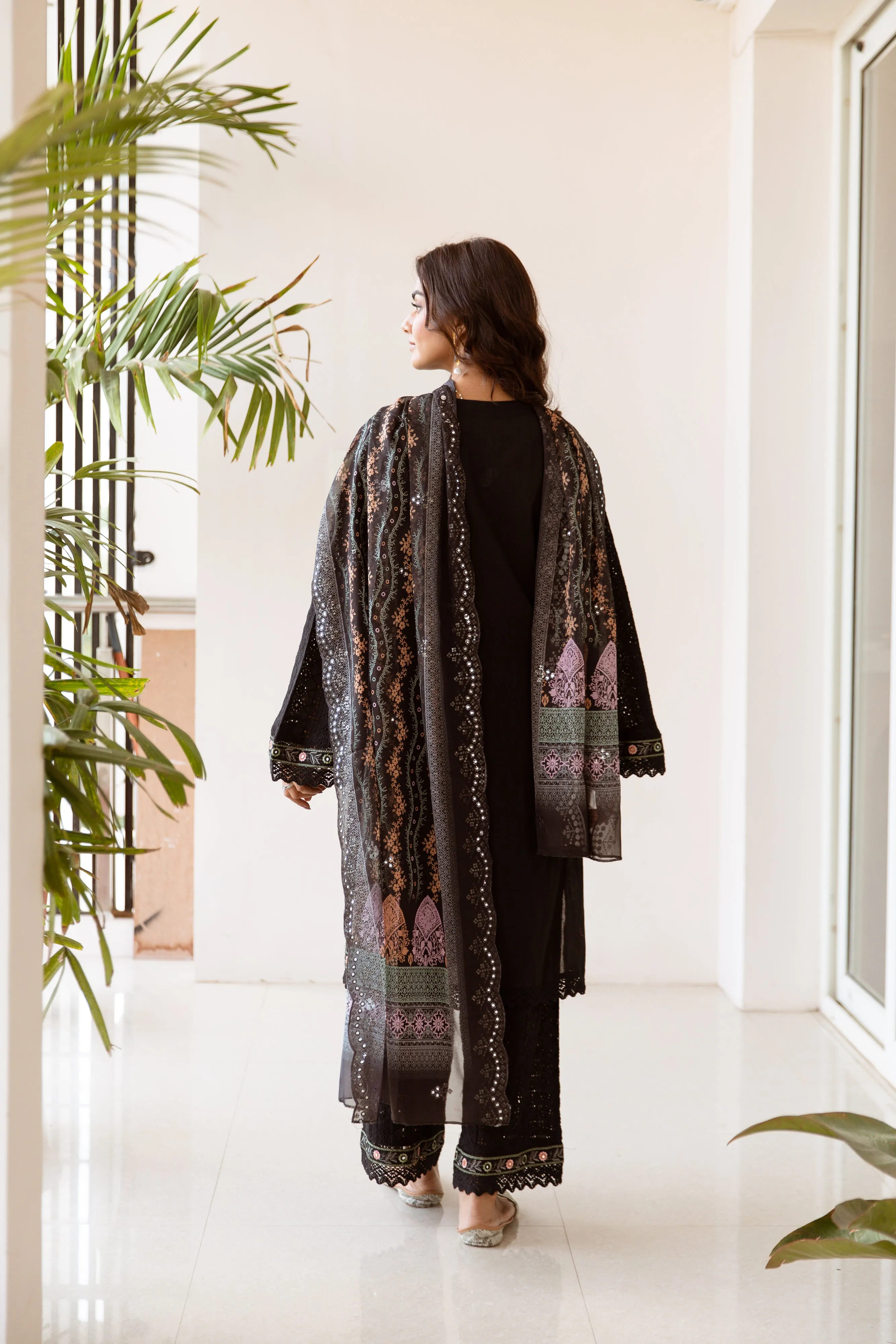 Women's Black Cotton Kurta, Palazzo & Dupatta Set