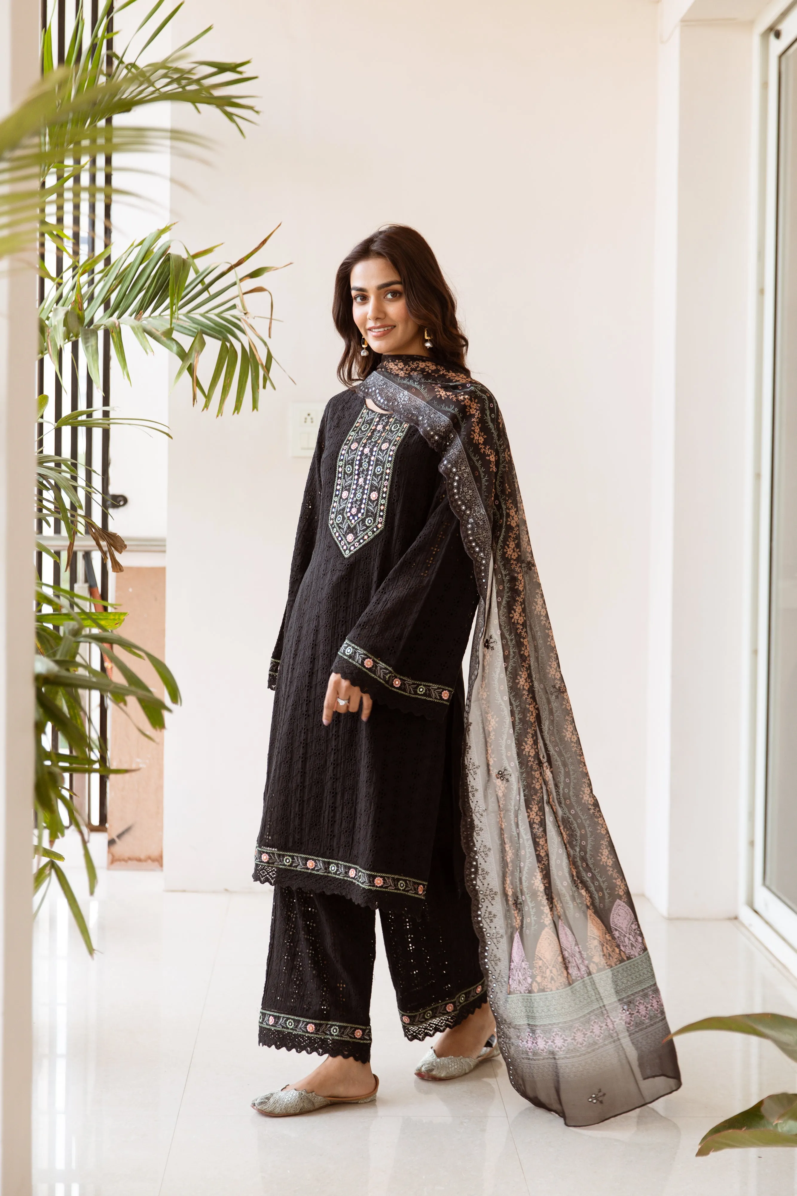 Women's Black Cotton Kurta, Palazzo & Dupatta Set
