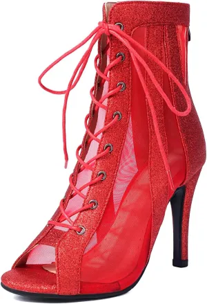 Women's Latin Salsa Dance Shoes Sparkling Peep Toe Ankle Booties High Heels Ballrooom Dance Stilettos, Model DS-K800