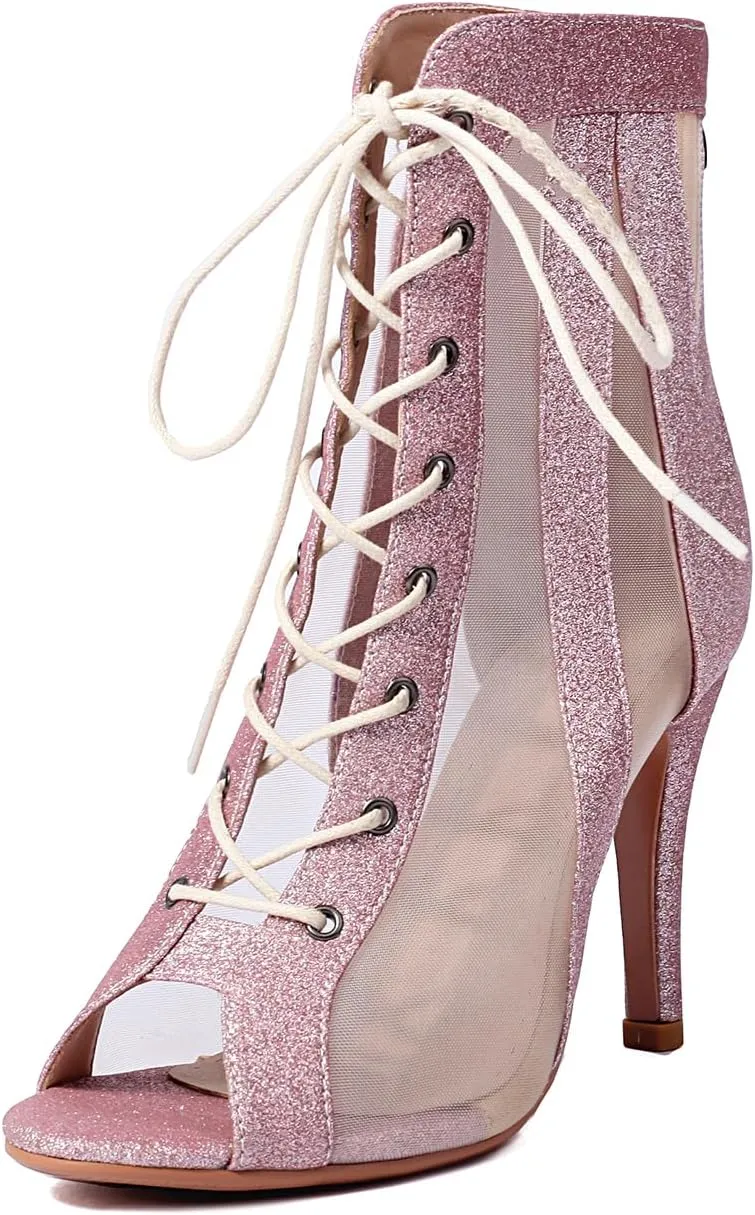 Women's Latin Salsa Dance Shoes Sparkling Peep Toe Ankle Booties High Heels Ballrooom Dance Stilettos, Model DS-K800