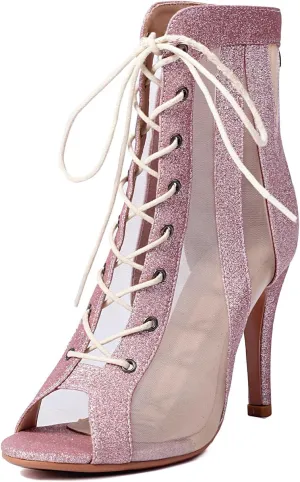 Women's Latin Salsa Dance Shoes Sparkling Peep Toe Ankle Booties High Heels Ballrooom Dance Stilettos, Model DS-K800