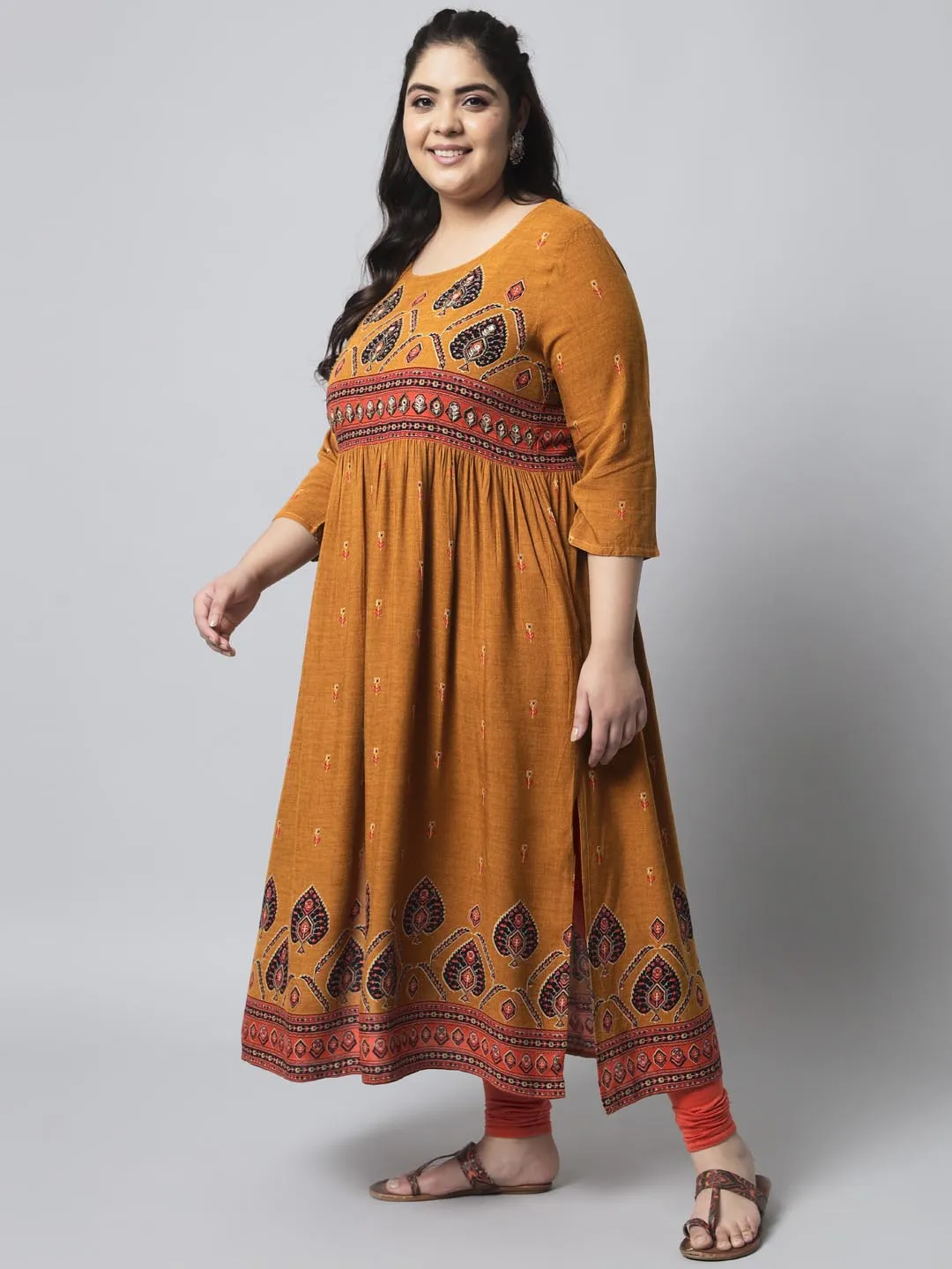 Women's Mustard Rayon Foil Straight Kurta