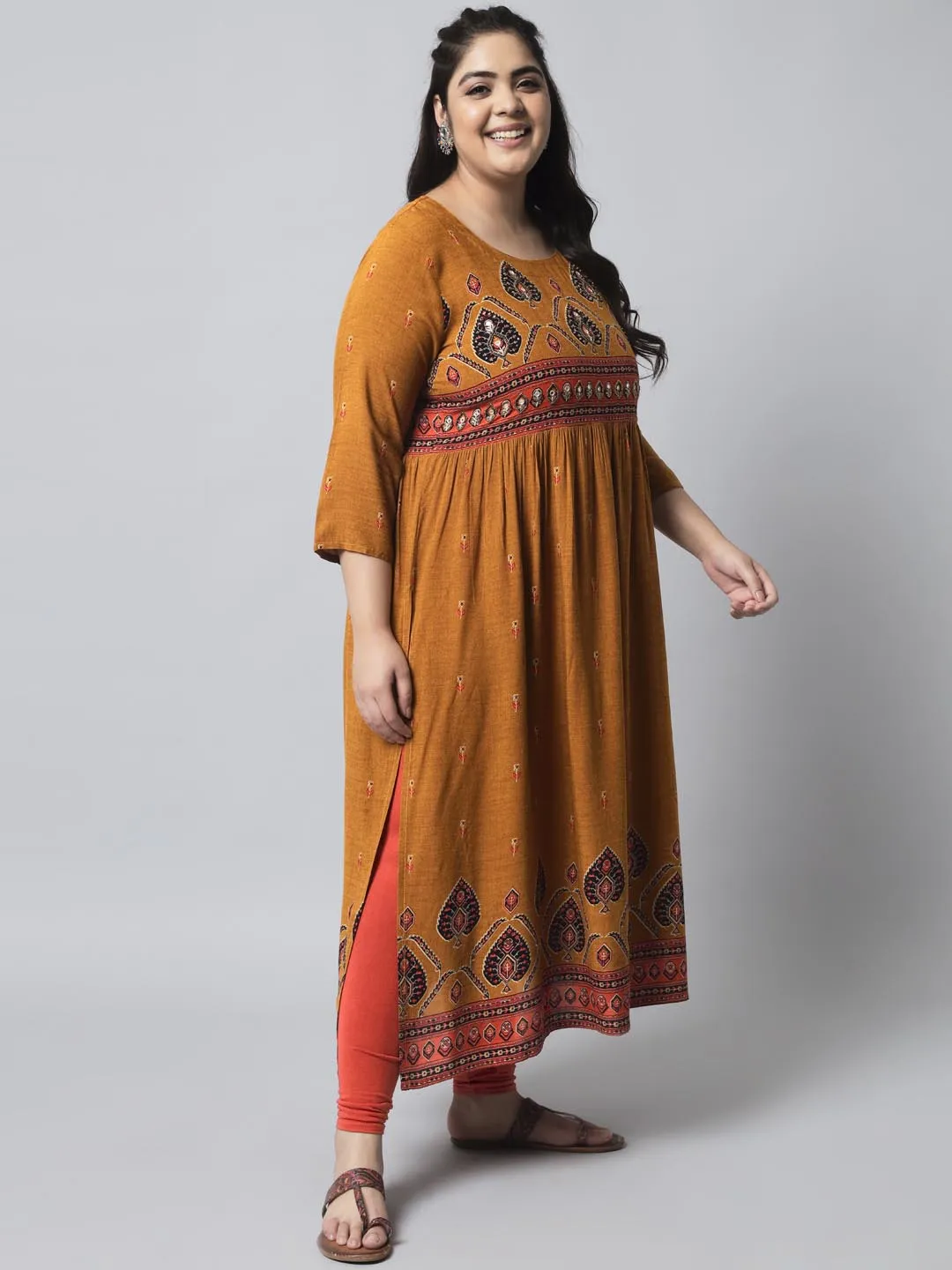 Women's Mustard Rayon Foil Straight Kurta
