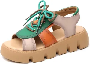 Women's PU Leather Closed Toe Orthopedic Sandals Vintage Anti-Slip Cross Belt Wedge Rome Sandals with Ankle Strap Gladiator Outdoor Hollow Out Sandals