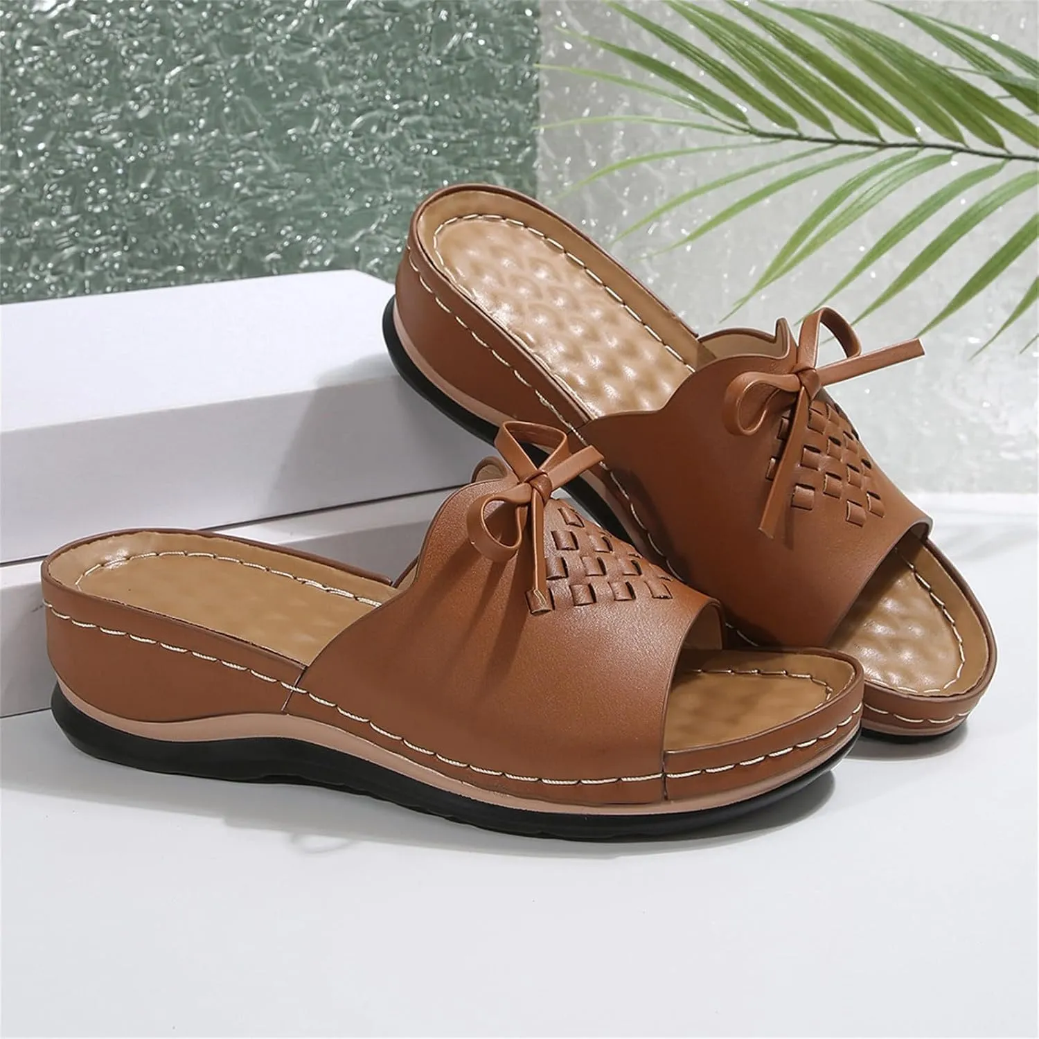 Women's Slip-On Wedge Sandals Chic Bow Orthopedic Sandals Lightweight Comfortable Open Toe Slippers Summer Beach Slip-On Shoes Soft Insole & Anti-Slip Sole Boho Slingback Sandal