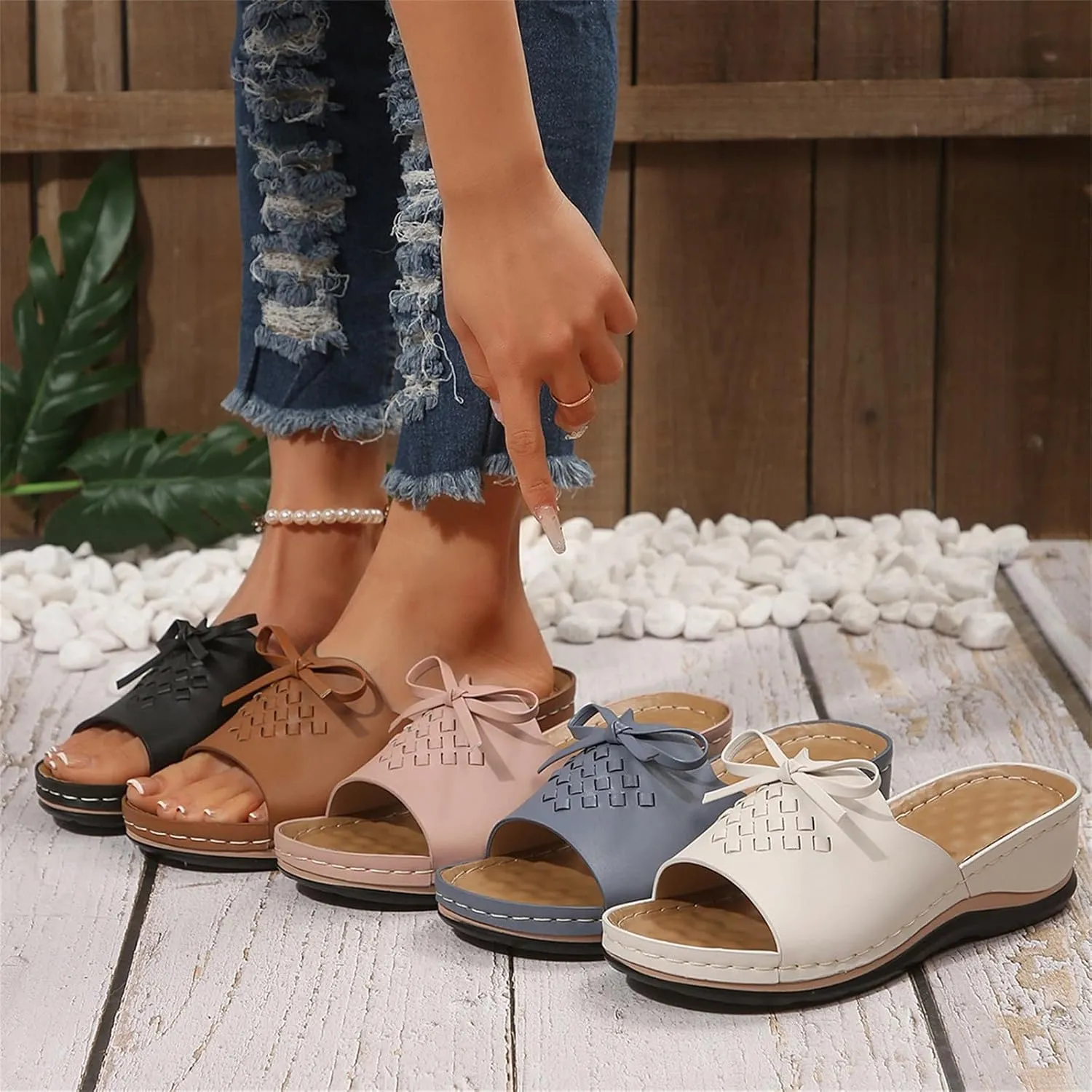Women's Slip-On Wedge Sandals Chic Bow Orthopedic Sandals Lightweight Comfortable Open Toe Slippers Summer Beach Slip-On Shoes Soft Insole & Anti-Slip Sole Boho Slingback Sandal