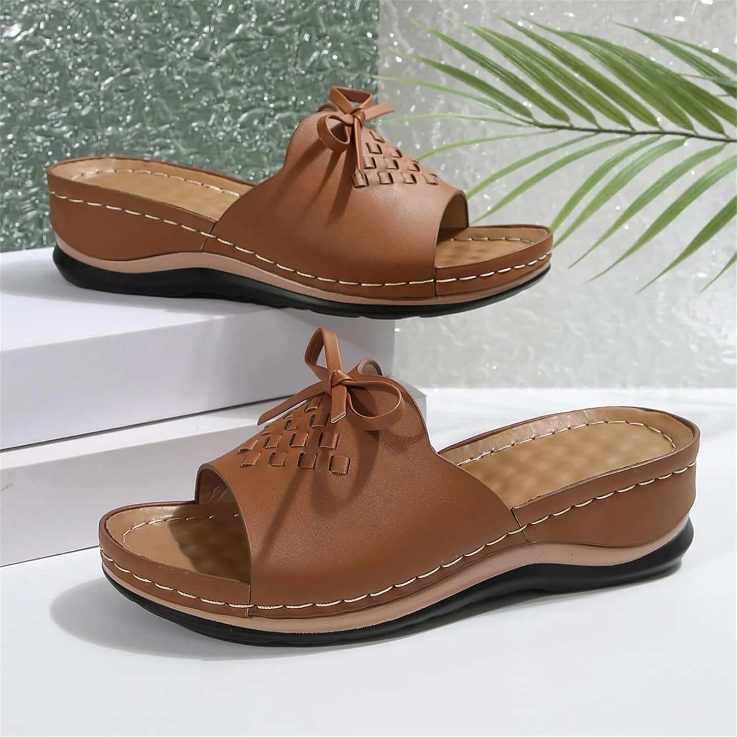 Women's Slip-On Wedge Sandals Chic Bow Orthopedic Sandals Lightweight Comfortable Open Toe Slippers Summer Beach Slip-On Shoes Soft Insole & Anti-Slip Sole Boho Slingback Sandal
