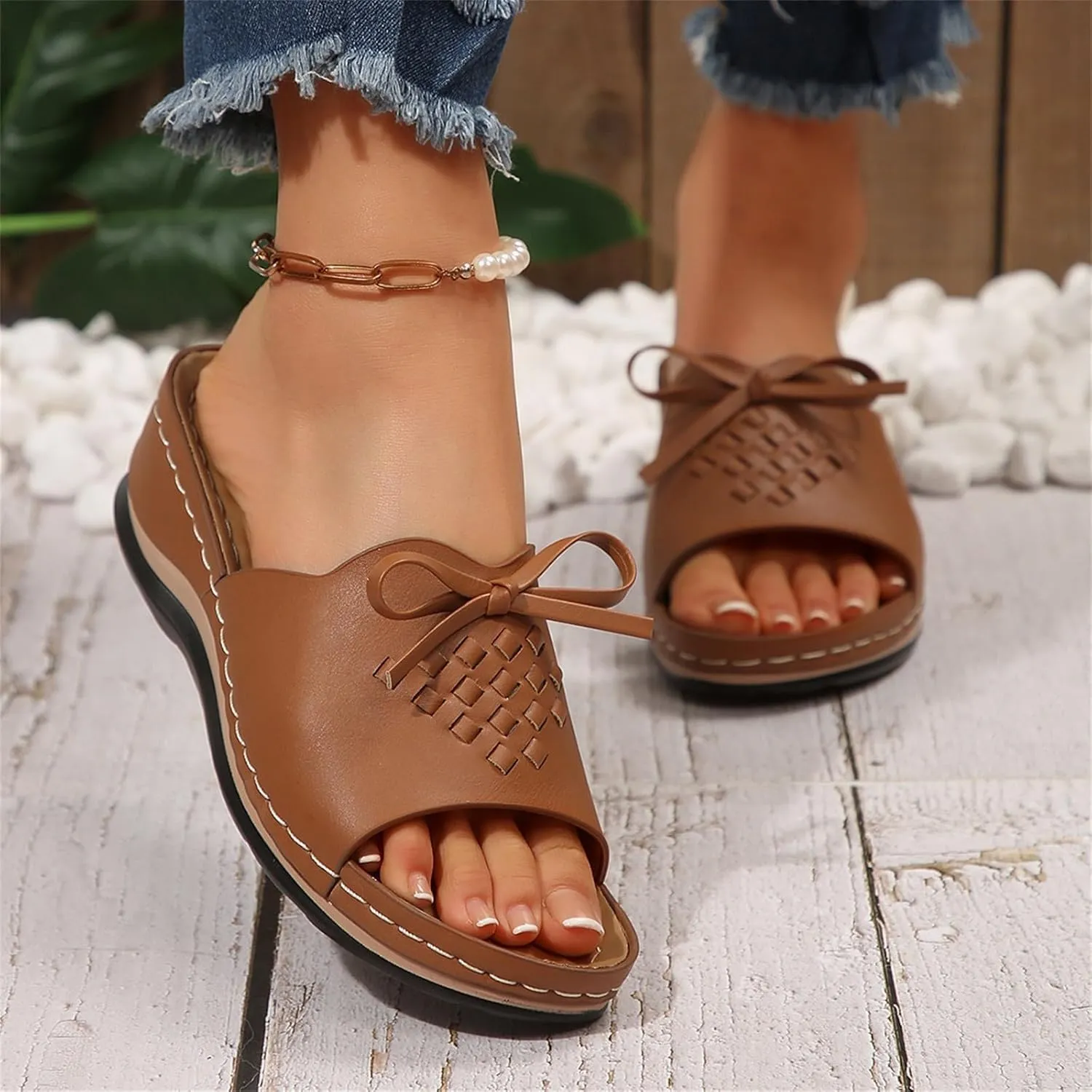 Women's Slip-On Wedge Sandals Chic Bow Orthopedic Sandals Lightweight Comfortable Open Toe Slippers Summer Beach Slip-On Shoes Soft Insole & Anti-Slip Sole Boho Slingback Sandal