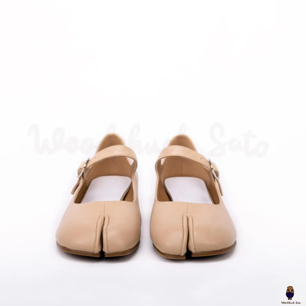 WoodChuckSato Women's Men's Beige Tabi Split-Toe Sheep Leather Mary Jane Shoes with 3cm Heel & Adjustable Strap Sizes EU 35-41